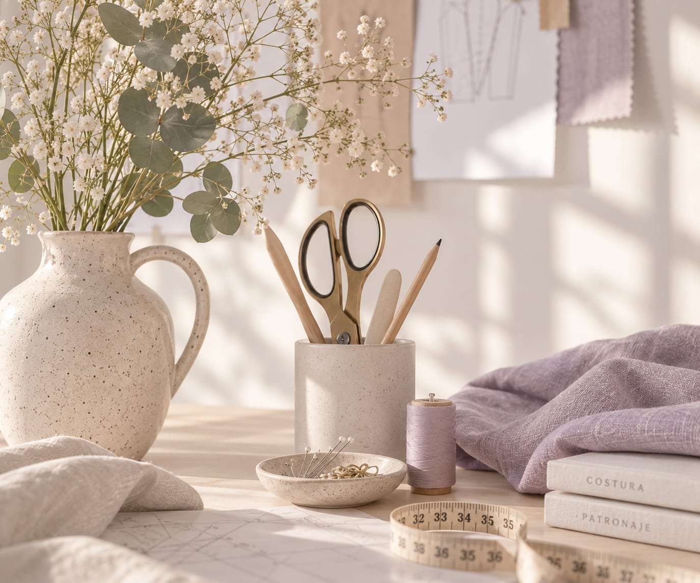 Hilos, tijeras y flores sobre la mesa de trabajo en el atelier de Las Moiras